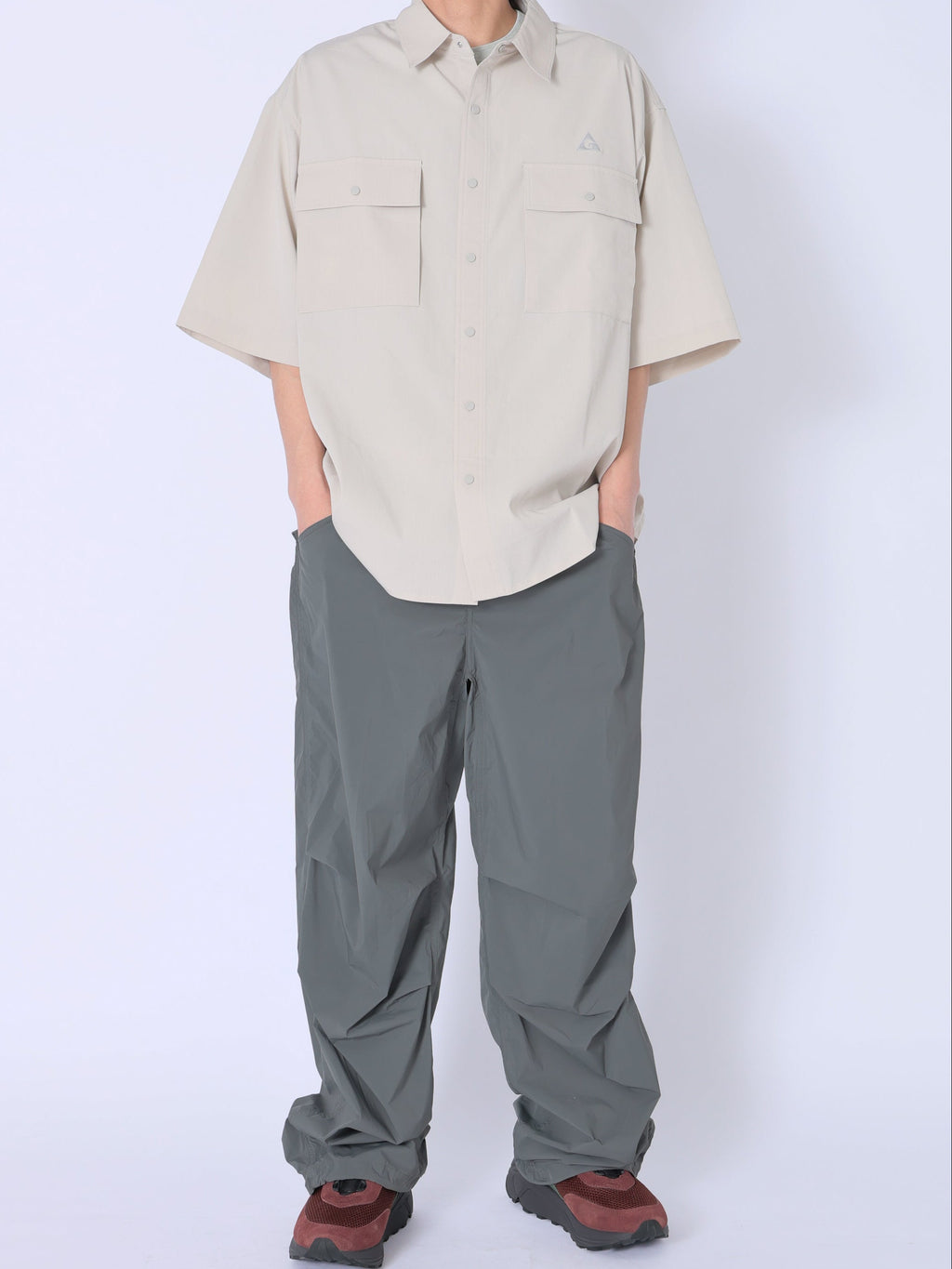 ＜GRJ#26034＞Synthetic Crepe Taffeta Button up S/S Leisure Shirt